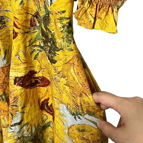 Selkie Tea Rose Dress Women’s Small Yellow Sunflower Cotton Puff Sleeve Midi