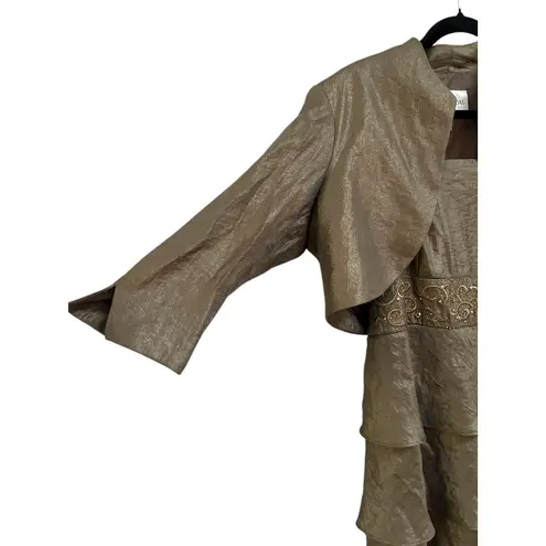 David's Bridal  Champagne Hammered Shimmer Tiered Ruffle Beaded Jacket Dress 14