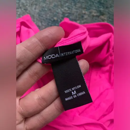 Moda International hot pink nylon layered short sleeve wrap shirt, size medium