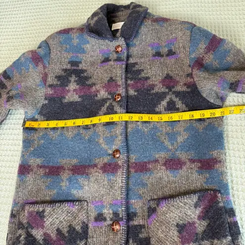 Vintage Wool Aztec Jacket Womens Small Southwest Cowgirl Lands End Blanket Coat Gray