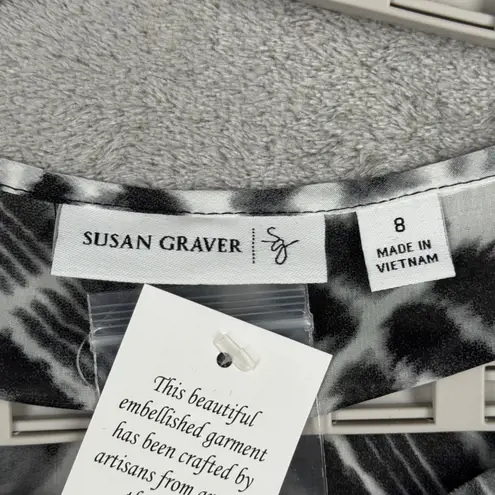 Susan Graver Blouse 8 Beaded Tunic Black White Print Shimmer Chic Embellished