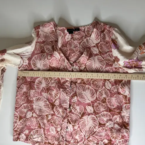 Tahari 100% Linen Floral Blouse Medium Pink Botanical Leaf Boho Cottage Resort