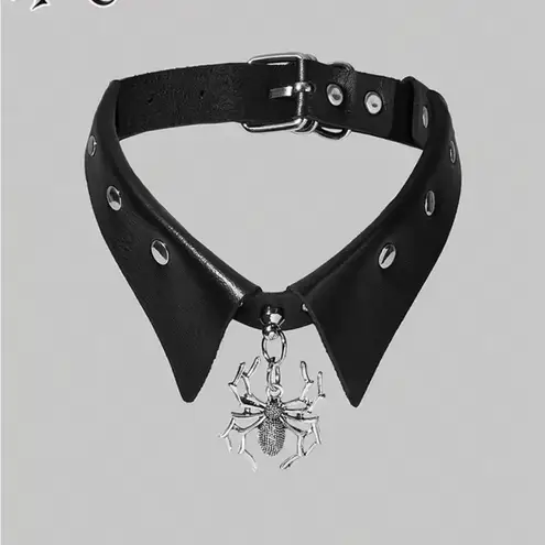 Black Leather Collar with Silver Spider Pendant