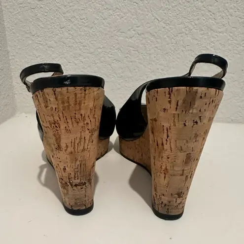 YSL Yves Saint Laurent Black Patent Leather Slingback Cork Wedge Platform EU 40