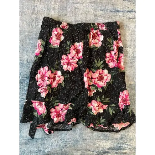 Planet Gold Black White Polka Dot w Pink Floral Faux Wrap Mini Skirt Small