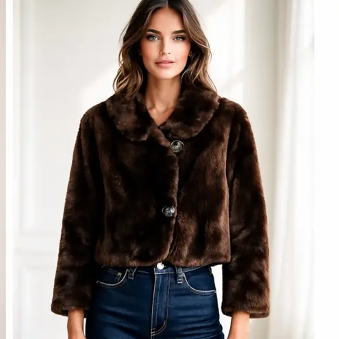 Vintage A. Duquette Chocolate Brown Faux Fur Cropped Jacket 90s French Girl Chic