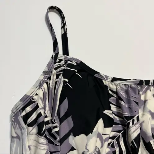 Kona Sol Blouson Tankini Top Black White Tropical Floral Pattern NWOT S