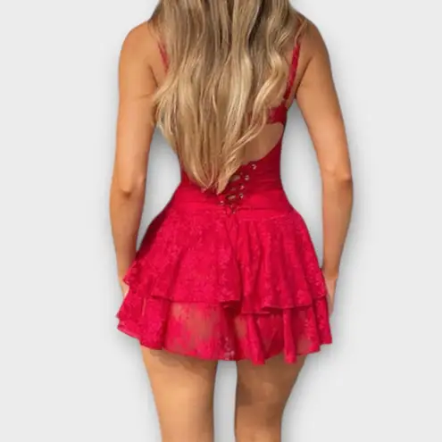 Red Lace Ruffle Mini Dress – Corset Backless Cami Dress (NWT, Size M) Size M