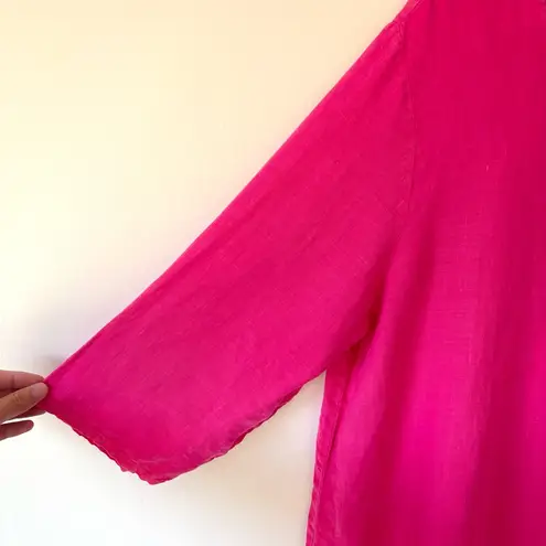 Bryn Walker Hi-Lo Zaida Pink Hibiscus Ruffle Hem Linen Tunic Dress Lagenlook