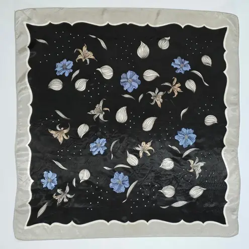 Vintage Satin Floral Scarf Black Blue Square Neck Head Bandana Kerchief Silver