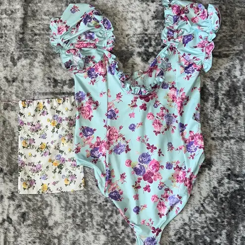 Love Shack Fancy  Fantasia One Piece Turquoise Skies Floral Ruffle Swimsuit Size L - Image 4