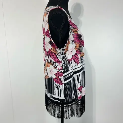Zac & Rachel Abstract Floral Fringe Tank Top Sz M Women’s Hawaiian Black Size M