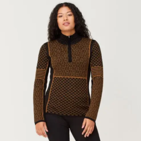 Krimson Klover Pow Zip Neck Merino Wool Sweater Pecan Nordic Jacquard Medium Tan