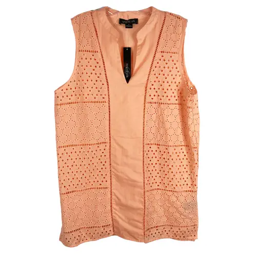 August Silk Medium Top Orange Peach Eyelet Embroidered Sleeveless Tunic 840