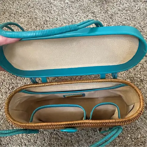 Elliott Lucca Turquoise green leather trim straw rattan woven stiff basket bag