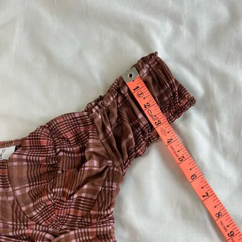 Marvel Just Polly Small Off-Shoulder Brown Plaid Bustier Crop Top Lined