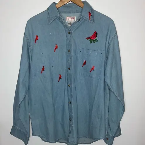 esteem jean button up with cardinals embroidery