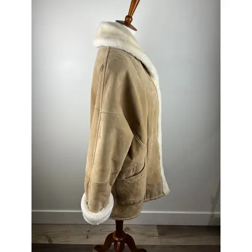 Vintage Tan Suede Shearling Lined Duffle Coat Jacket Women's Warm Winter Size M
