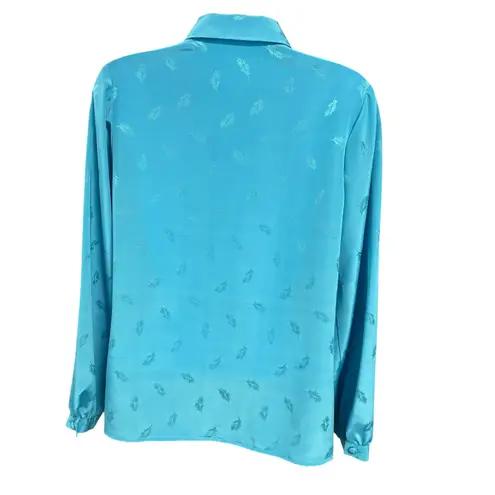 Vintage Feather Print Blouse with Belt Long Sleeve Button Up Top Medium Blue