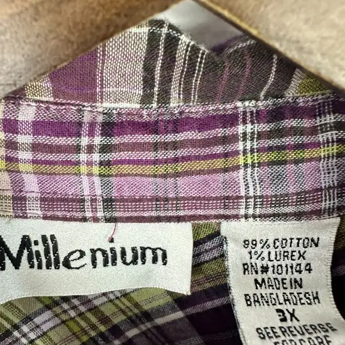 Millennium Plaid Shirt 3X Purple Button Up Western Yoke Lurex Grunge Cowgirl