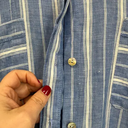 J.Jill Love Linen Blue White Stripe Button Back Shirt 100% Linen Size Large