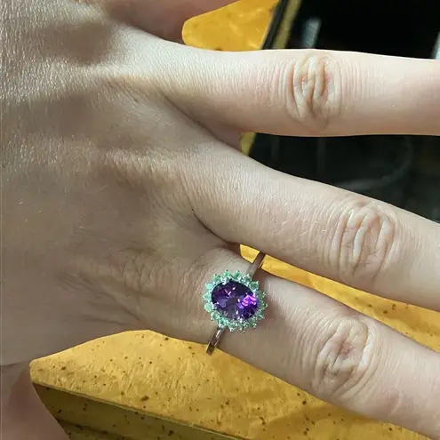 Moroccan Amethyst Tsavorite Garnet Sterling Silver Halo Ring Size 10 Purple