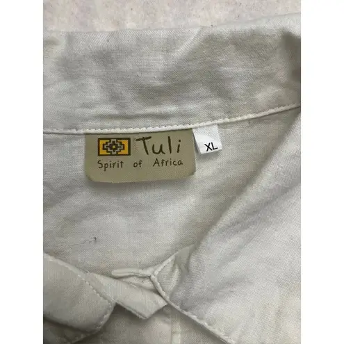 Tuli Spirit of Africa White Embroidered Elephant Long Sleeve Button Up Women XL