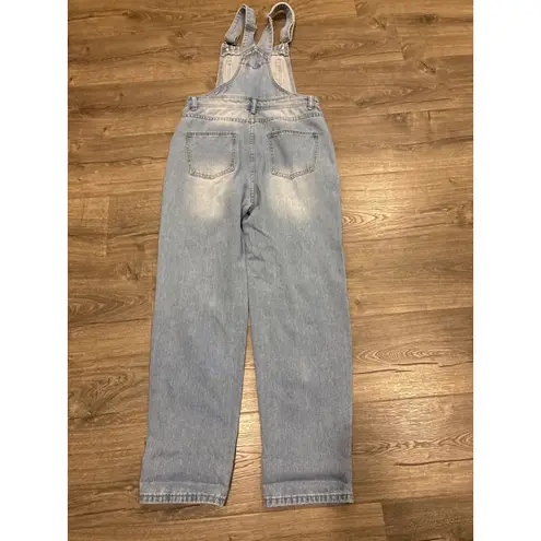 Womens Distressed Denim Jean Overalls Light Wash Relaxed Fit Cropped Leg Size S Blue