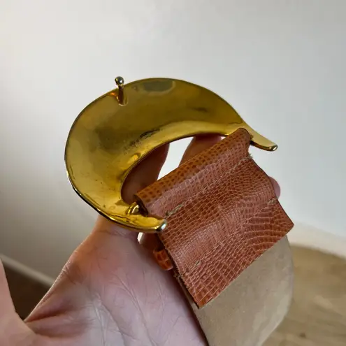 Vintage 90s Orange Wide Genuine Leather Chunky Gold Buckle Belt Size XS/Small
