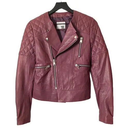 ANINE BING Lamb Leather Cherry Red Quilted Moto Bomber Jacket Size XS edgy biker