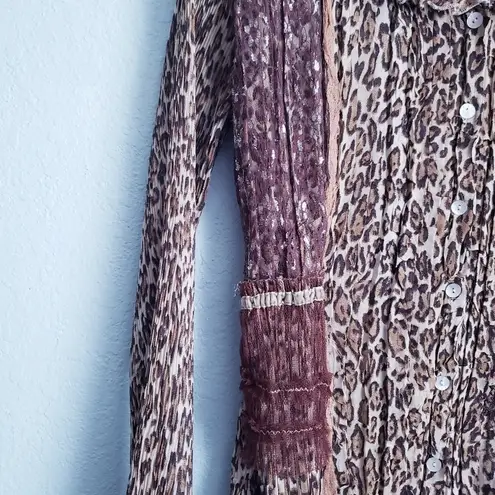 Alberto Makali Plisse Leopard Print Buttondown Lace Embroidered Blouse