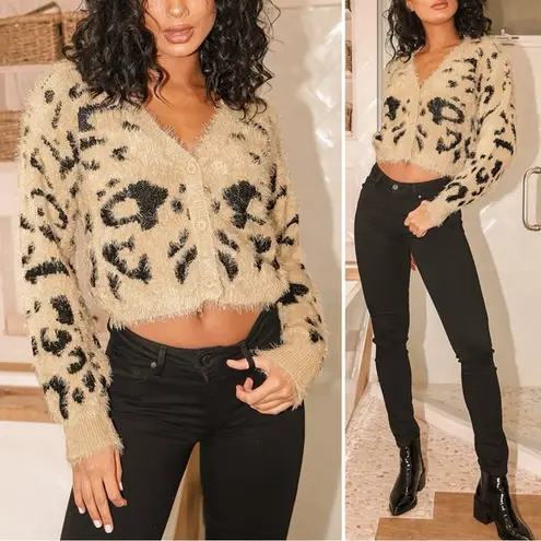 Lulu's Fierce Heart Beige Leopard Print Eyelash Knit Cropped Cardigan Tan