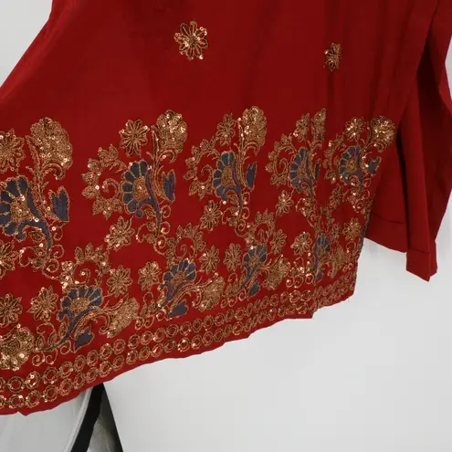 Handmade Red Embroidered Sequin Kurti Tunic Dress Short Sleeve Womens Size M