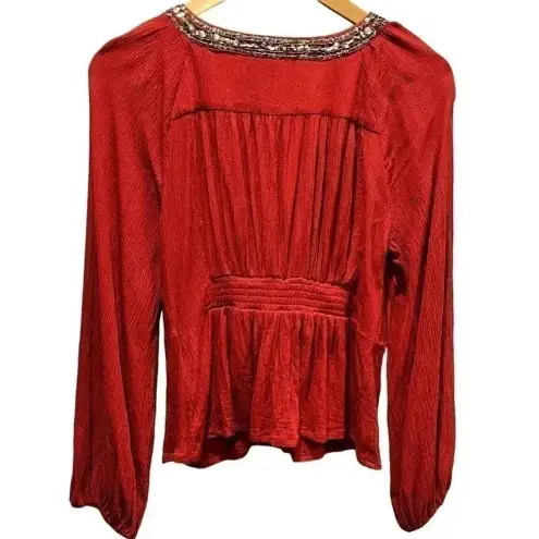 En Crème Burnt Red Front Tie Blouse Beaded Collar Size Medium