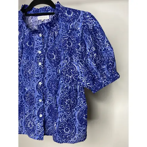 Marea by Liz Joy Women's XS Blouse Boho Cotton Blue Floral Button Up Short Slv