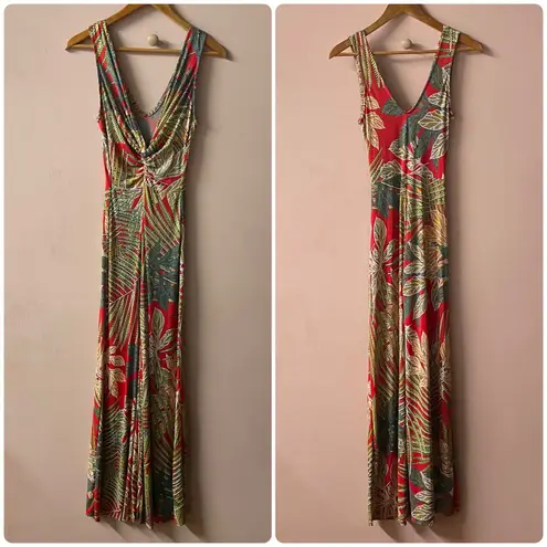 Libian Red Tropical Leaf Print Textured Jumpsuit Size S GUC