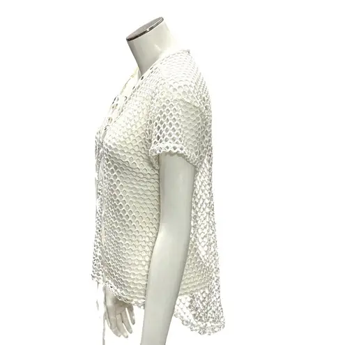 CCC Mesh Lace Up Crochet Swim Short Sleeve Cover Up Top Airy Mesh Size Medium White