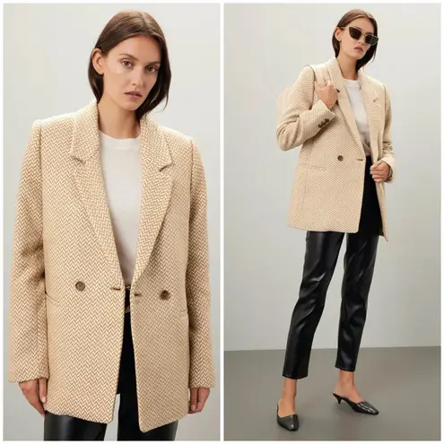 ANINE BING ππ Tweed Double Breasted Fishbone Blazer ~ Tan & Cream XL