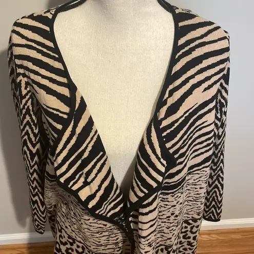 kim rogers  Animal Print Cotton Open Front Cardigan Sweater Tan Black 1X Plus