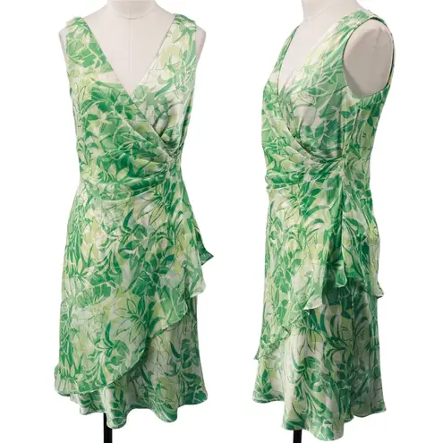 Vintage Y2k Silk Dress Floral Leaf Printed Faux Wrap Sleeveless Gathered Green Size 8
