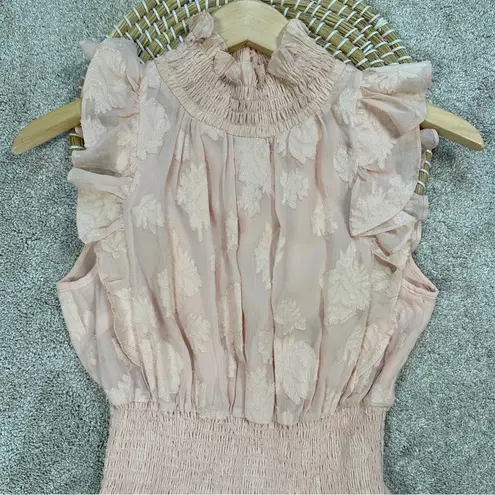 Rebecca Taylor Silk Blend High-Smocked Floral Fil Coupé Midi Dress Blush Pink 2