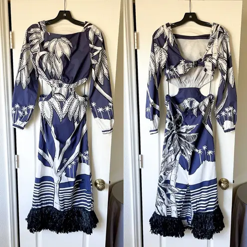 Johanna Ortiz Holistic Jungle Embroidered Midi Dress Navy Ecru 2 EUC Blue