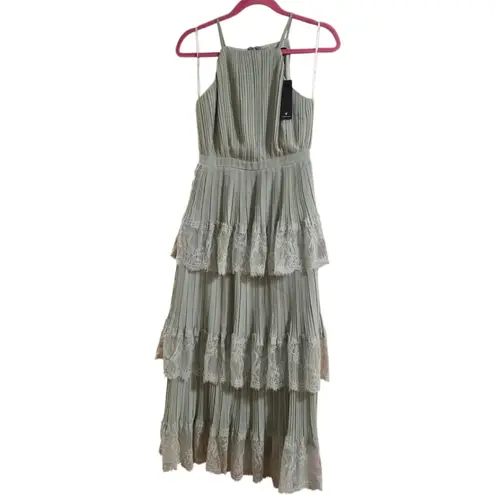 Lulu's XS Came For Cocktails Sage Green Pleated Tiered Lace Maxi Dress Nwt