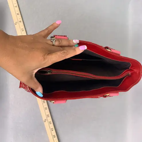 CELINE Red Leather Satchel Bag Pink Quilted Detail Designer Purse Classic Luxury