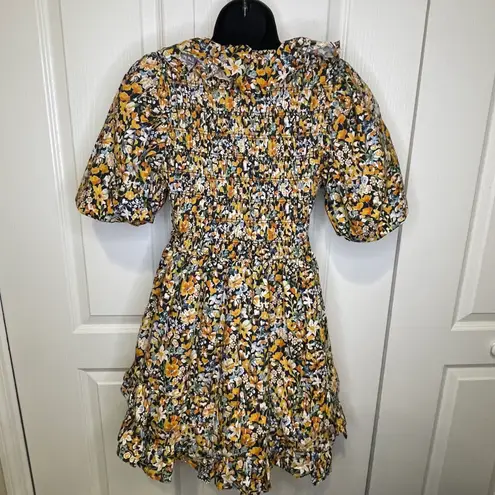 English Factory NWT Plunge Smocked Cotton Floral Mini Dress Yellow Black Blue XS