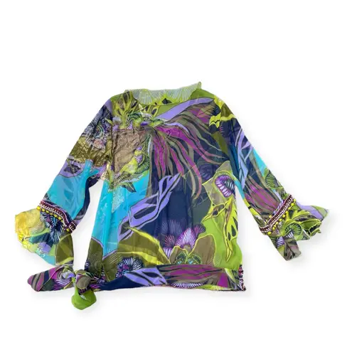 Adrienne Women's Medium Multi color Semi Sheer Ruffle Bell Sleeve Side Tie Top