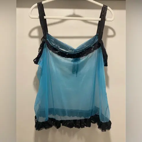 VTG 80s 90s Teal Blue & Black Lace Trim Coquettecore Babydoll Lingerie Tank Top Size XL