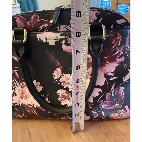 Karl Lagerfeld Paris Zip Top Tote Bag Satchel Black with Pink Flowers