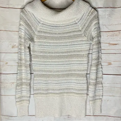 White House | Black Market WHBM • Knit Sweater • Off Shoulder • Striped • Ivory • Metallic • Christmas • XS