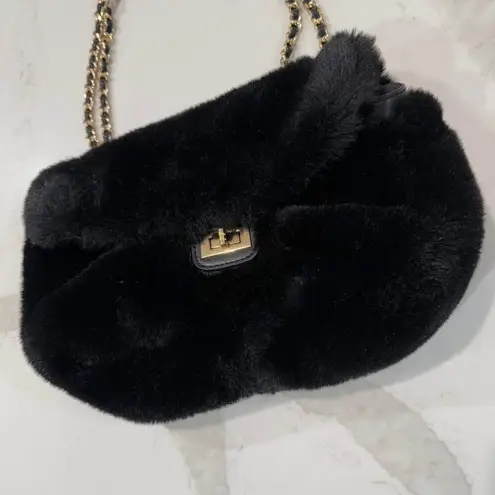 Expressions NYC Vegan Fur Bag Womens Black Faux Fur Shoulder Chain Handbag Purse